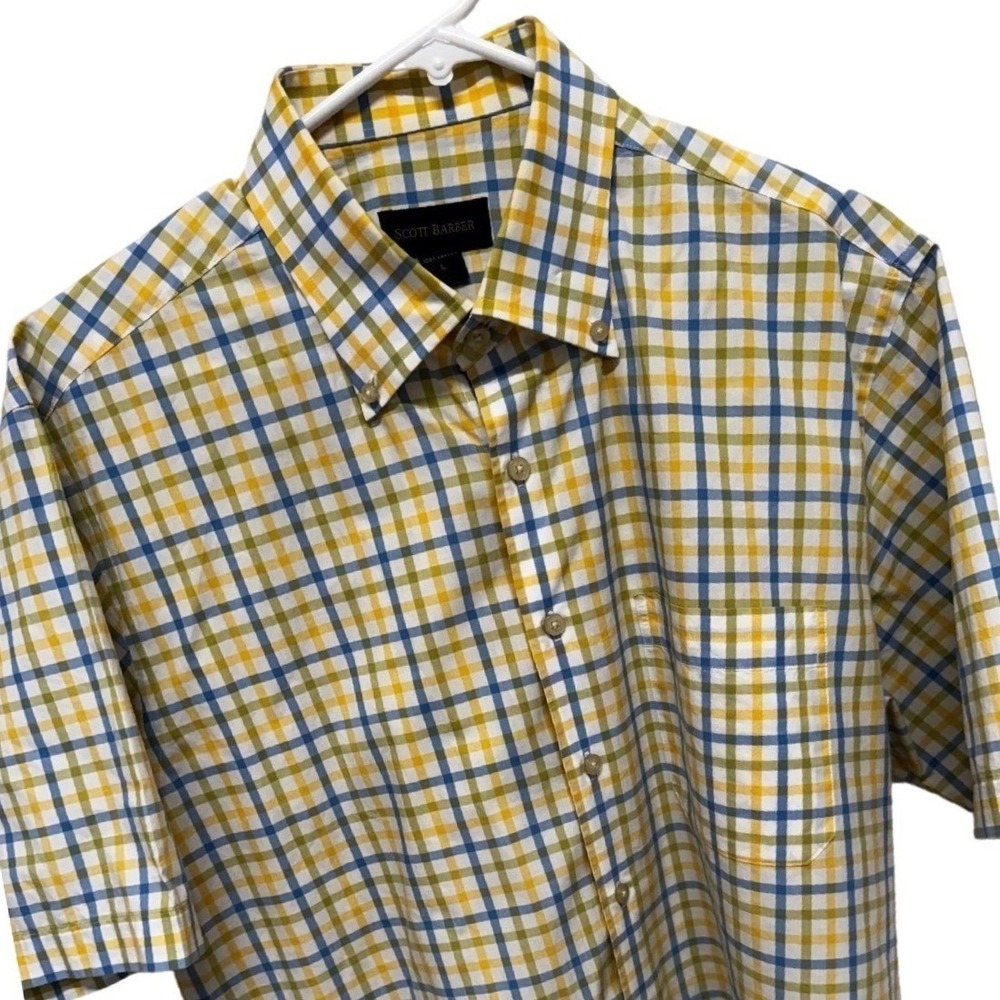 Scott Barber Mens Yellow Blue Plaid Short Sleeve Button Down Cotton Shirt L
